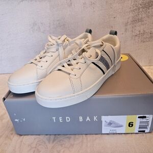 Size 6 Ted Baker White Leather Sneakers with Blue Striped Detail, New in Box